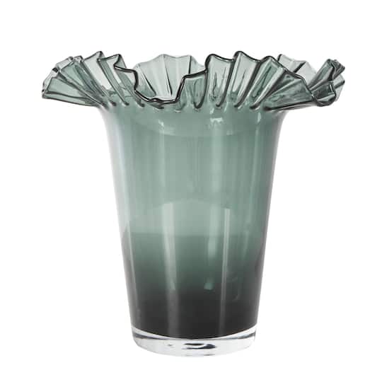Green Glass Floral Tulip Inspired Ombre Vase with Wavy Opening